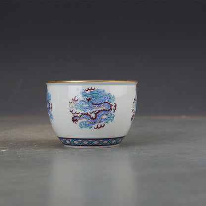 3" Chinese Qing Doucai Contrasting Colors Porcelain Animal Dragon Tree Cup