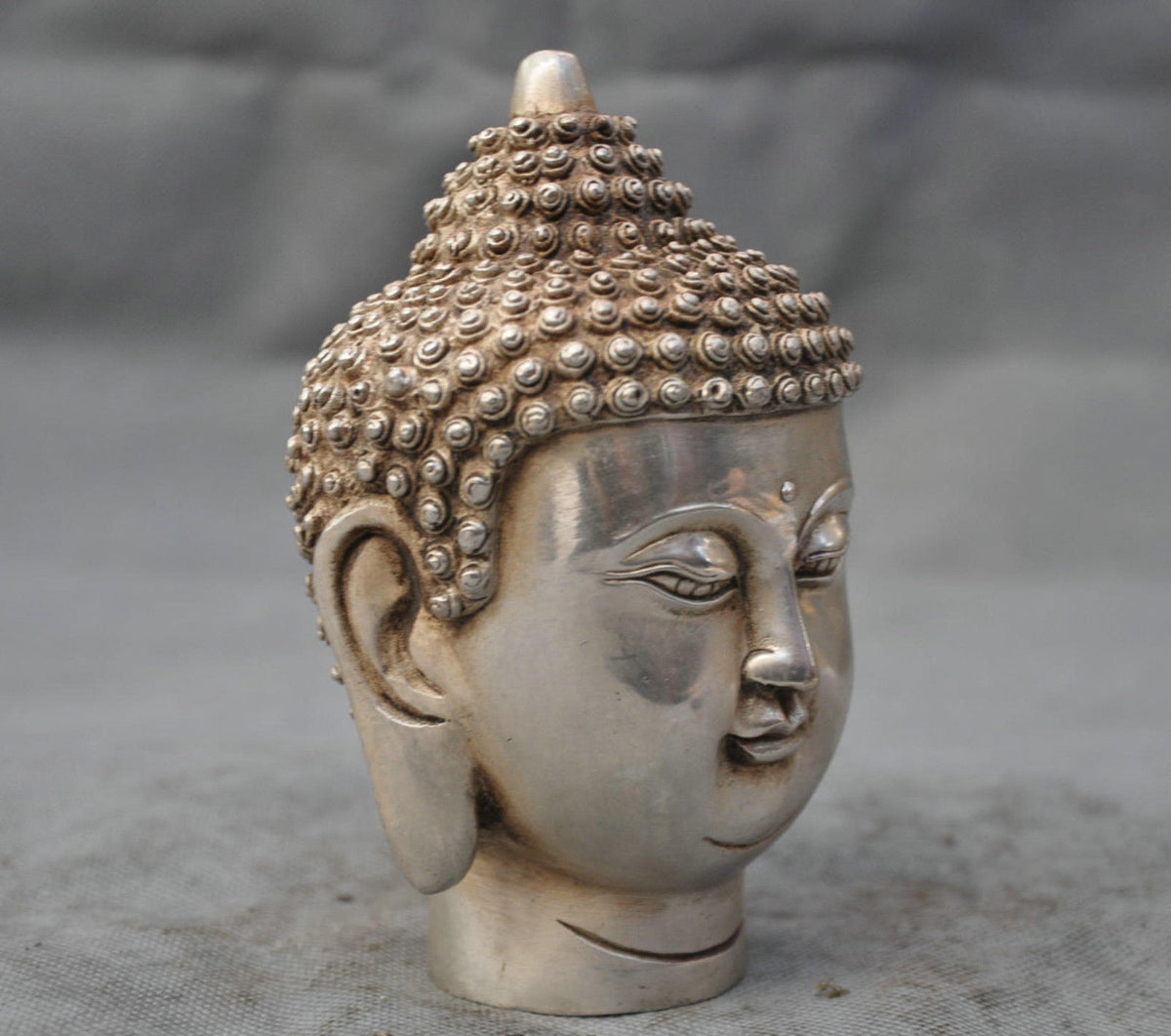 Tibetan Silver Bronze Shakyamuni Buddha Head Statue Buddhist Sculpture Decor