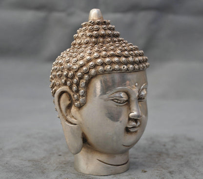 Tibetan Silver Bronze Shakyamuni Buddha Head Statue Buddhist Sculpture Decor