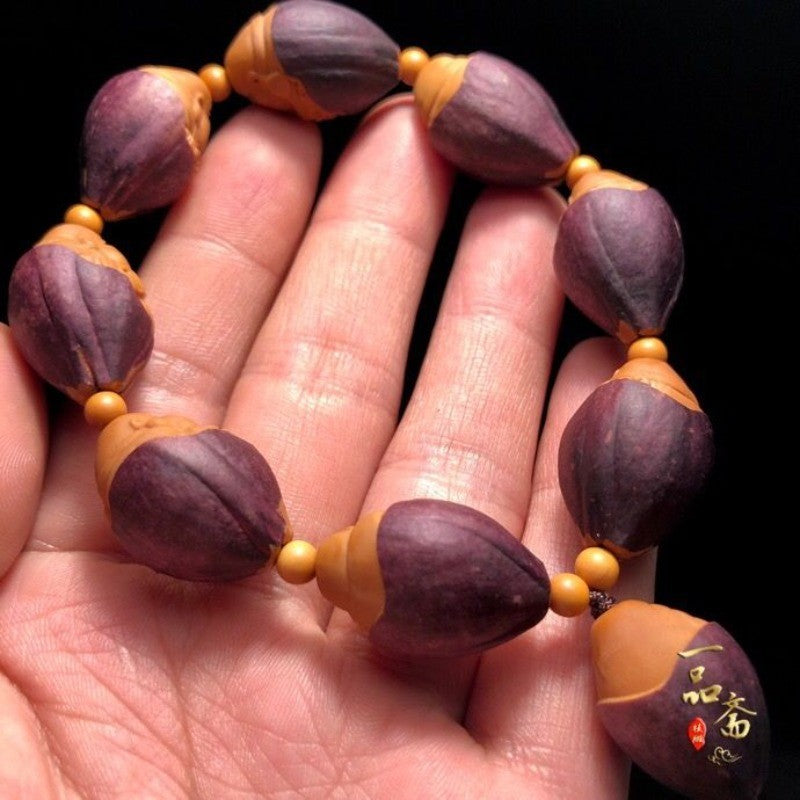Natural Purple Skin Olive Nut Carved Maitreya Buddha Bracelet Wenwan