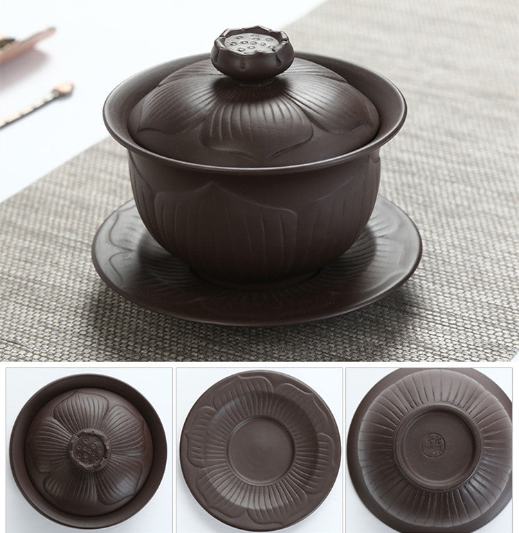 Multi-pattern Yixing Zisha Gaiwan Chinese Purple Clay Tea Bowl Cup Saucer Lid
