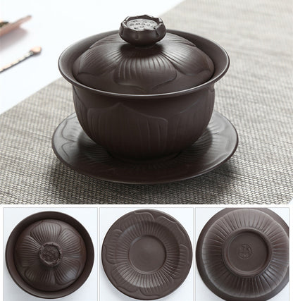 Multi-pattern Yixing Zisha Gaiwan Chinese Purple Clay Tea Bowl Cup Saucer Lid
