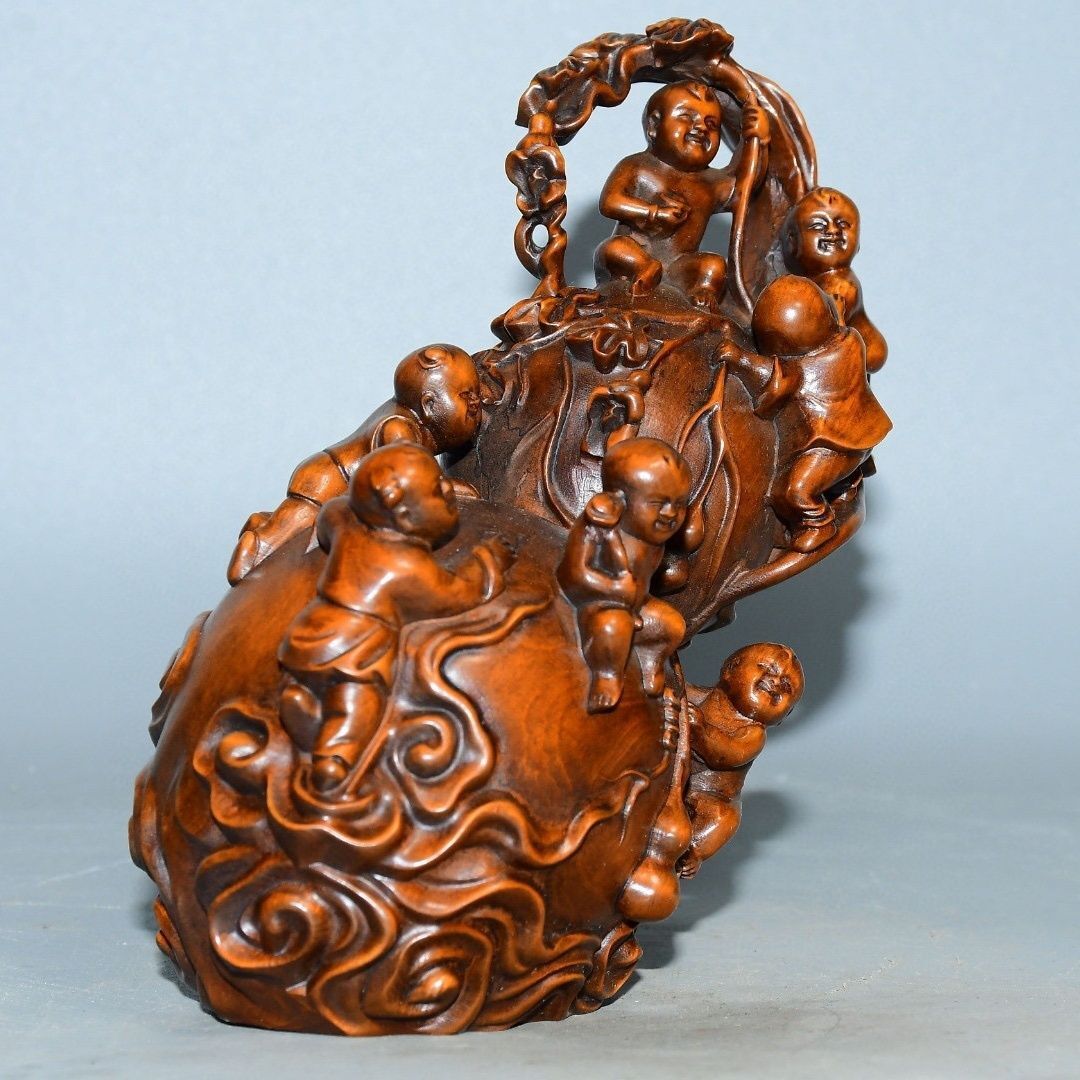 China Boxwood Hand Carved with Many Many Blessings Gourd Ornament Statue