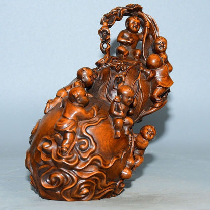 China Boxwood Hand Carved with Many Many Blessings Gourd Ornament Statue