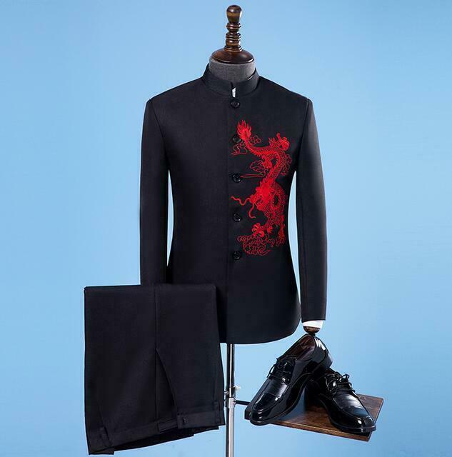 New Mens Chinese Embroidered Stand Collar Suit Slim Fit Jacket Pants Coat 2 Pcs