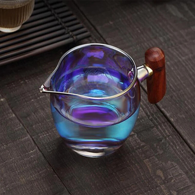 350ml 5.3" Glass Wood Handle Color Burn Thickened Glass Side Handle Cup Tea Set