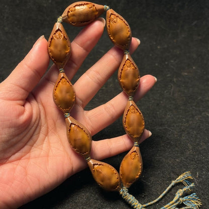 Hand Carved Peach Stone Five Emperors Coins Wealth Keychain Pendant