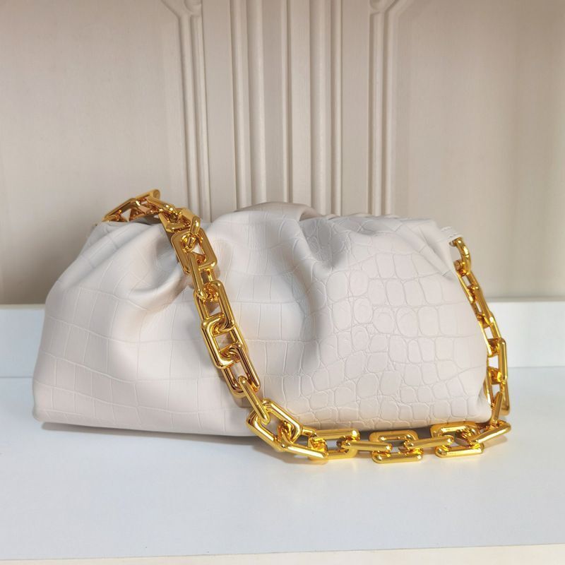 Genuine Cow Leather Handbag Thick Thin Chain Cloud Dumplings Clutch Shoulder Bag