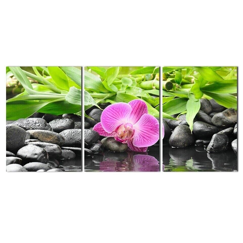 Pink Flower Black Stones 3 Piece Canvas Print Wall Art Poster Home Decoration