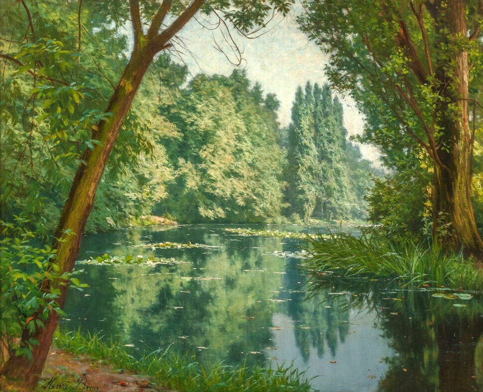Oil painting summer landscape with river Water lily Henri Biva free shipping art