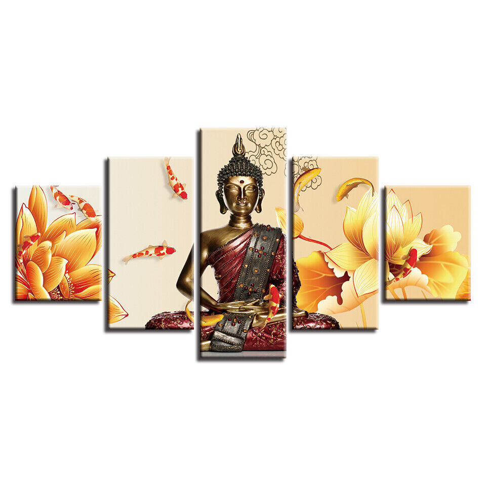 Buddha Meditation Statue Lotus Koi Fish Canvas Prints Painting Wall Art Decor 5P