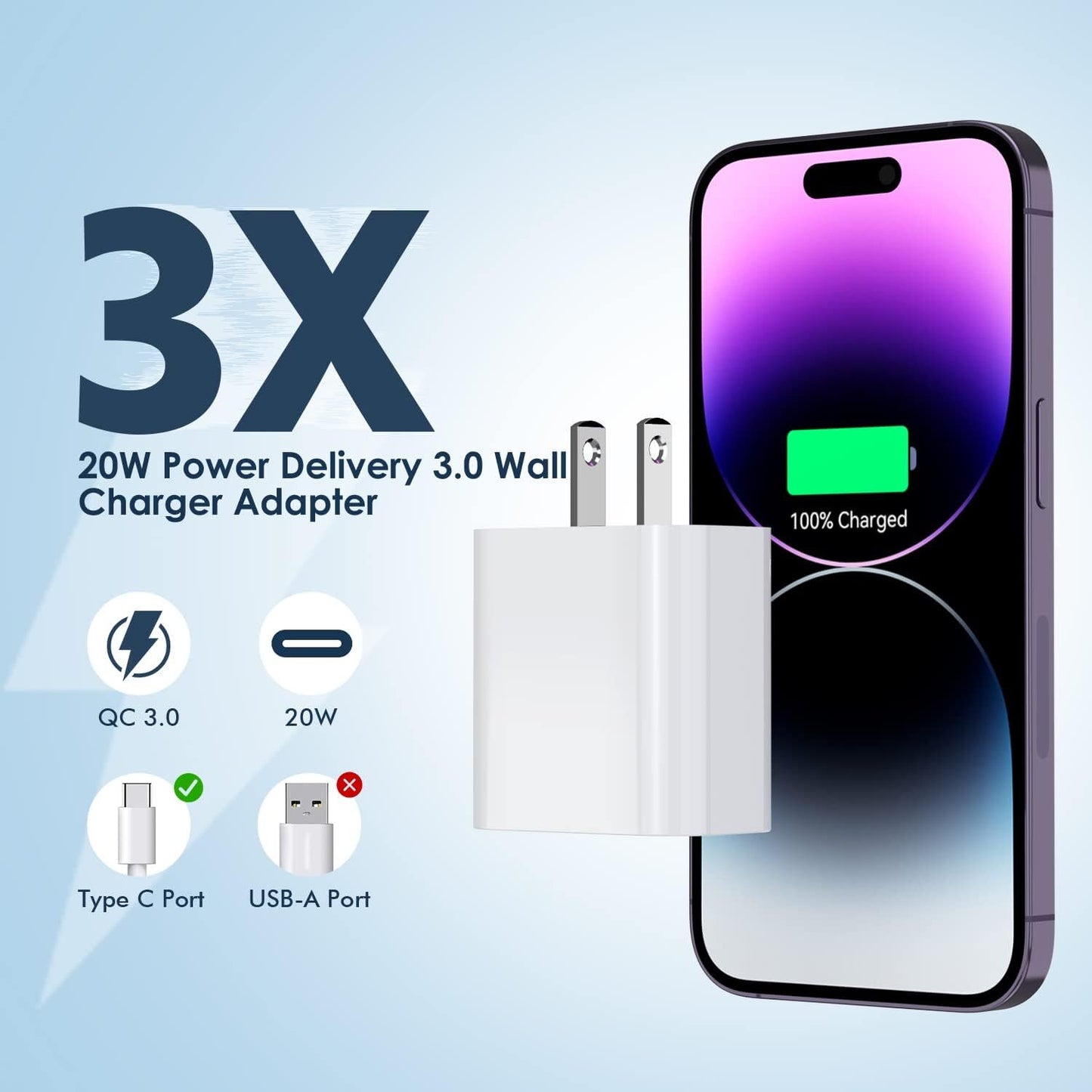 USB C Fast Charger Cube 20W PD Adapter for iPhone 16/16Pro Max/16Plus/15/14 Lot