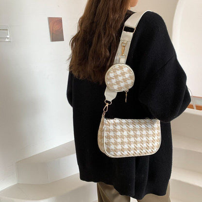 Vintage Plaid Print Shoulder Bag Round Purse Casual Small Crossbody Bags 2 pcs