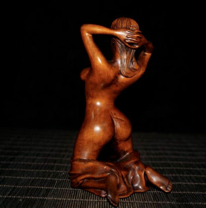 Old Chinese Boxwood Wood Hand Carving Art Nude Beauty Belle Statue Sculpture