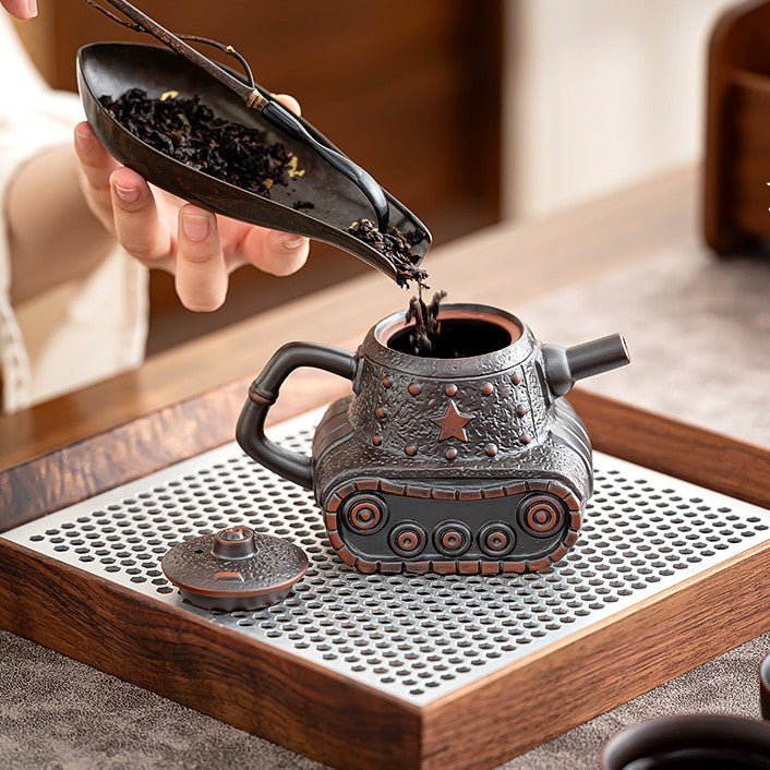 250mLChinese Tank Shaped Yixing Zisha Clay Teapot Unique Purple Clay Pot