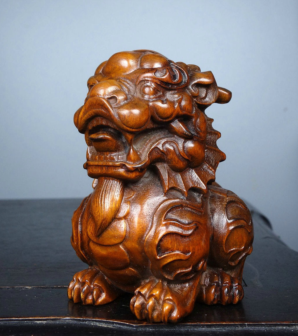 Old China Boxwood Wood Fengshui Kylin Chi-lin Qilin Lion Beast Auspicious Statue