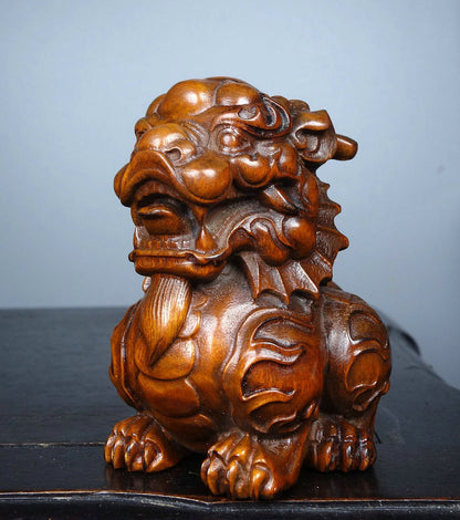 Old China Boxwood Wood Fengshui Kylin Chi-lin Qilin Lion Beast Auspicious Statue