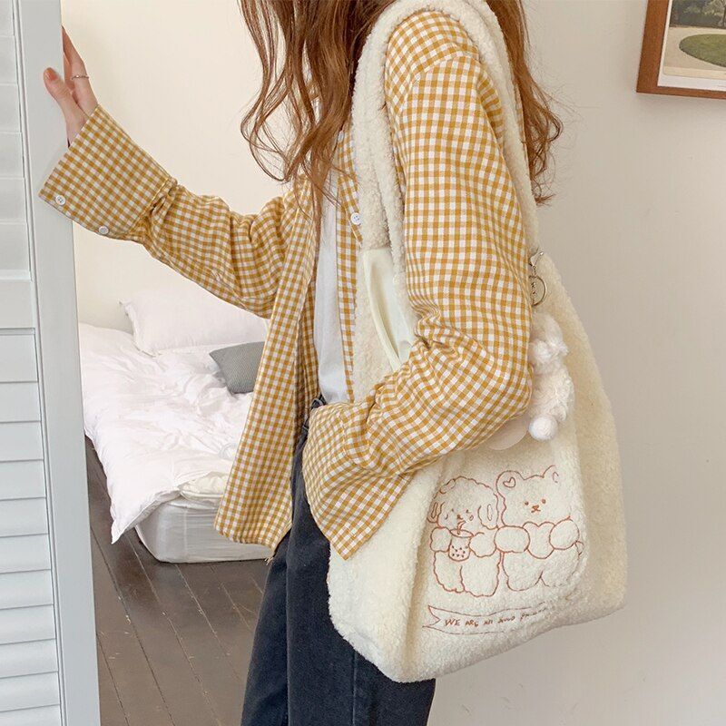 Women Soft Plush Tote Simple Warm Cloth Shopper Bags Handbag Shoulder Bag Purses