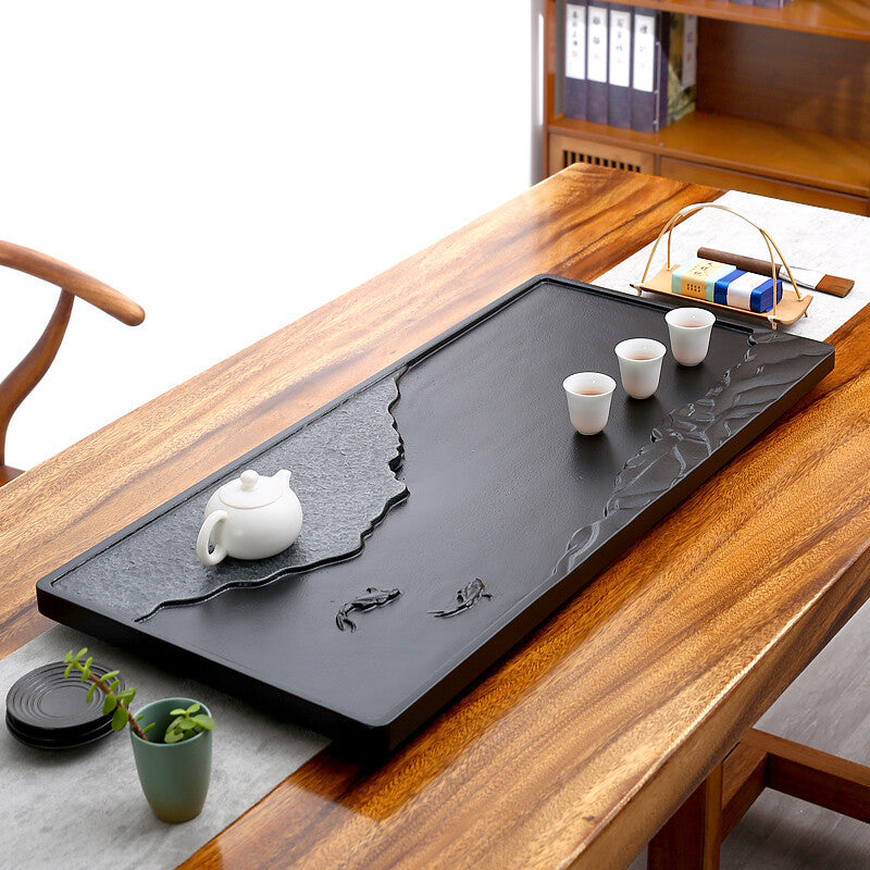 China black stone tea tray fish carved serving tray water draining tea table new