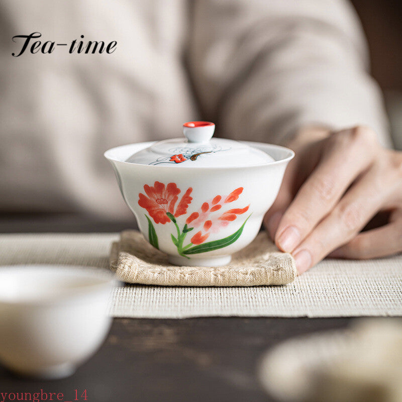 100ml Hand Painted Butterfly Ceramic Tea Tureen Underglaze Gourd Tea Bowl