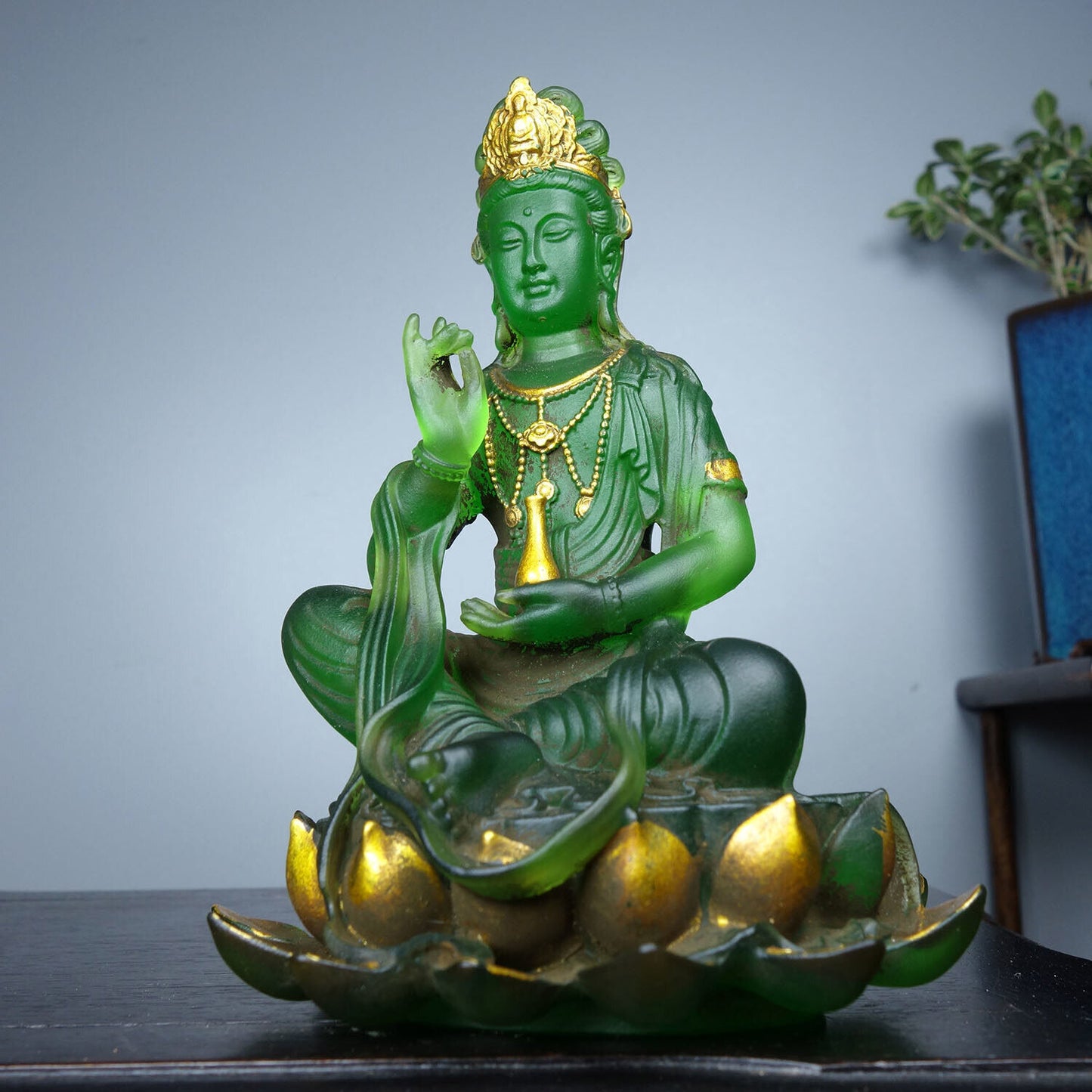 Chinese Old Coloured glaze Handmade Exquisite lotus Guanyin Statue