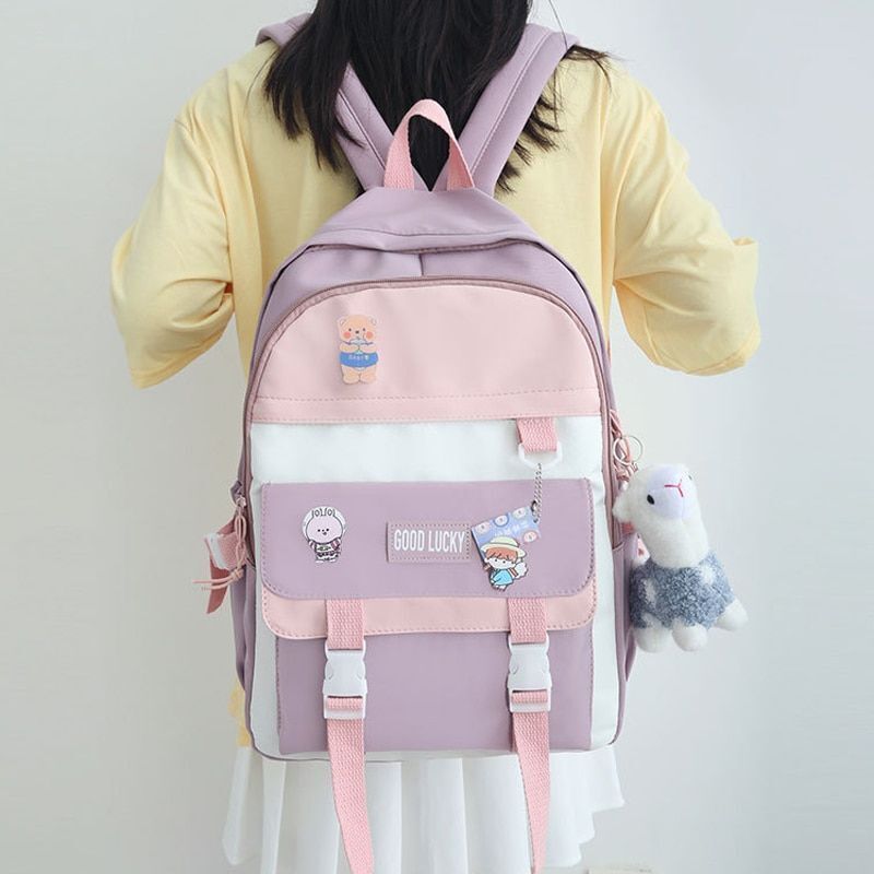 Polyester Oxford Backpack Travel Bag Waterproof Purse 30*12*42 CM Patchwork Pink