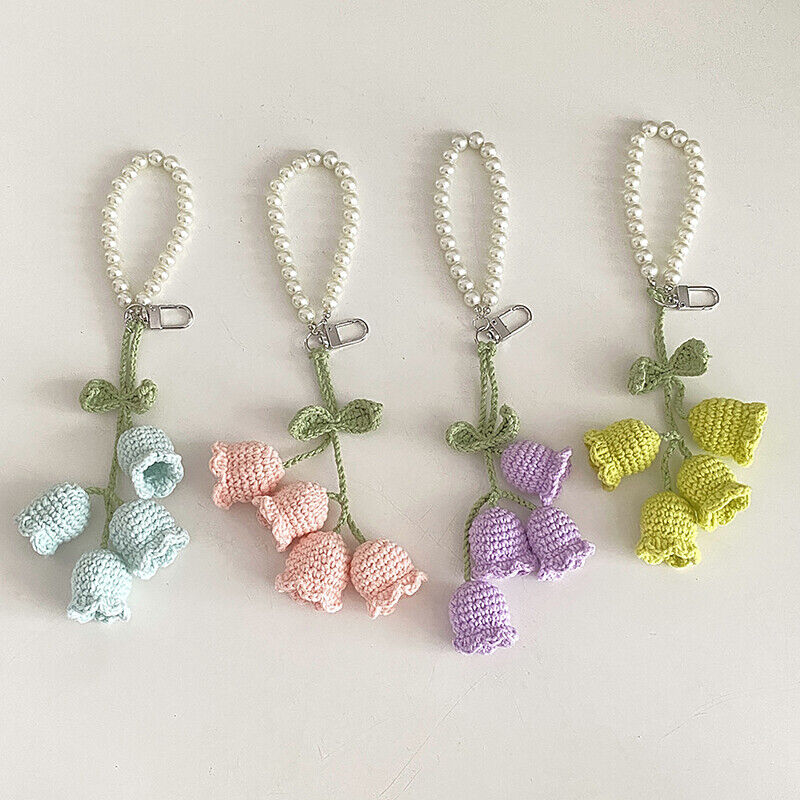 1Pc Flower Knitted Keychain Keyring Women Crocheted Wool Flower Leaf Bag Pendant
