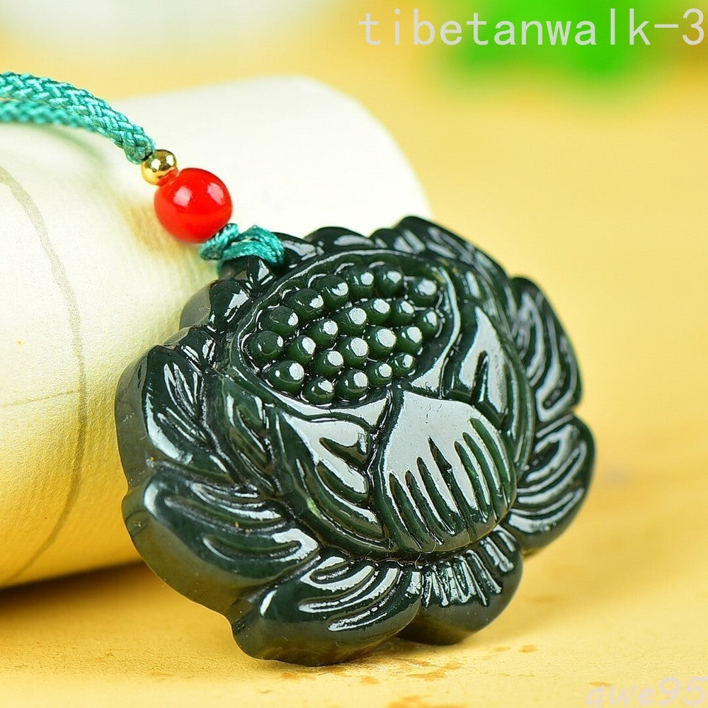 Jade Hand Carving Lucky Pretty Lotus Flower Pendant