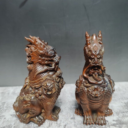 Pair Chinese boxwood kirin statue Figure good stand collection Art tea pet