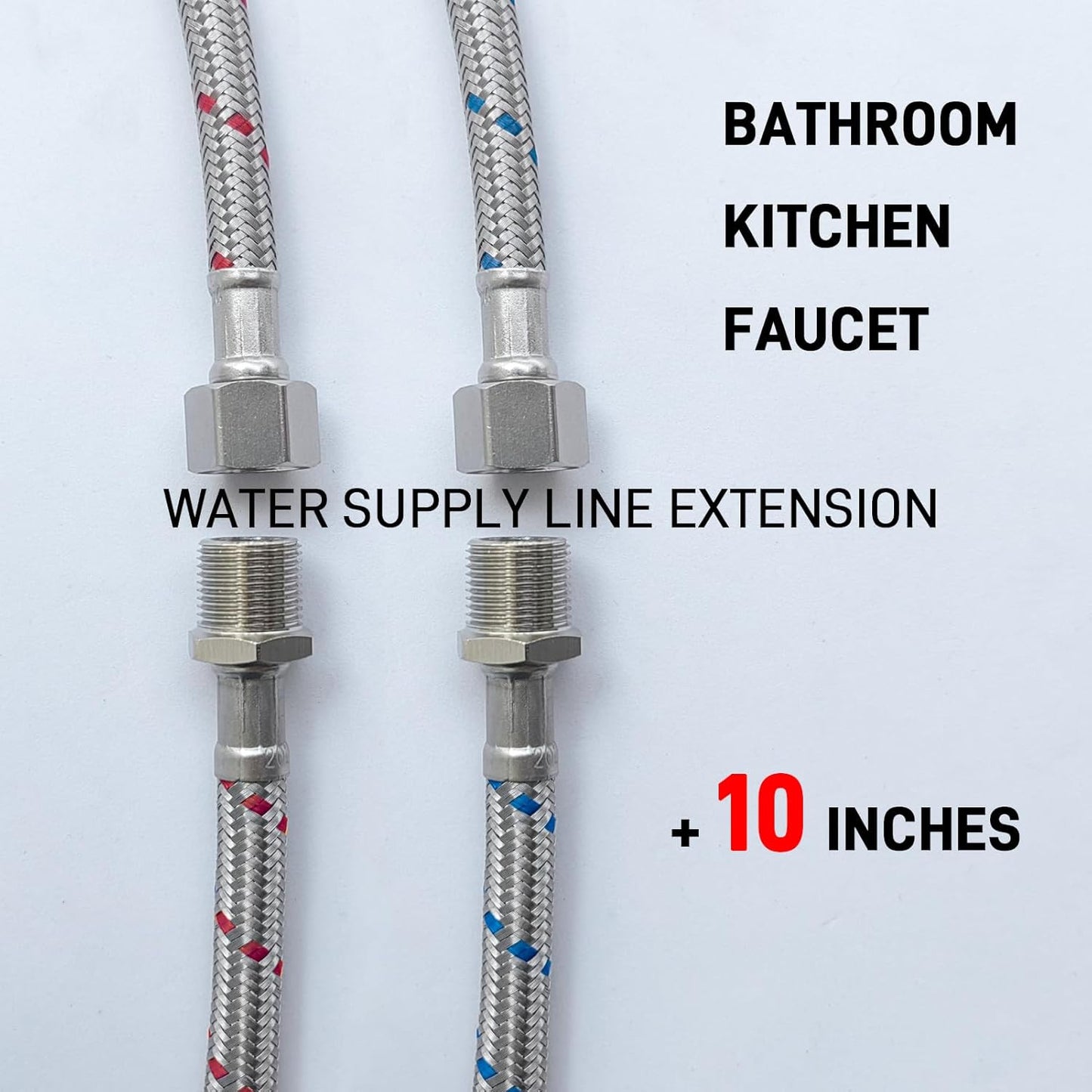 Faucet Water Supply Lines Extension, 10 Inch, 2-Pack 3/8" Male to Female Faucet