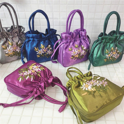 Women Ethnic Embroidered Floral Satin Handbag Girls Drawstring Tote Hanfu Bag