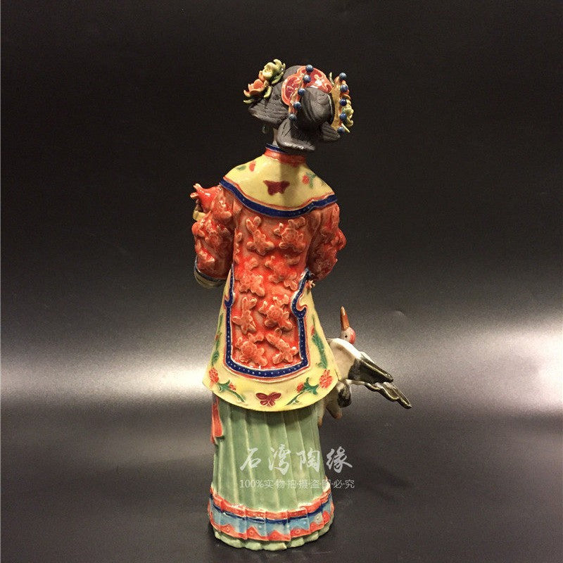 12" Chinese Wucai Porcelain Classical Beauty Women Bird Peach Long Life Figurine