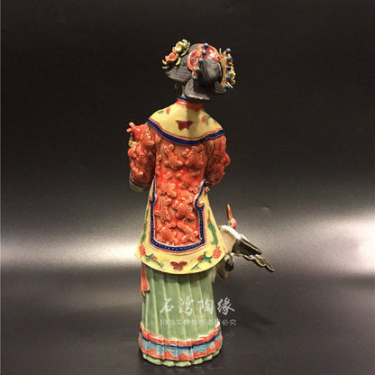 12" Chinese Wucai Porcelain Classical Beauty Women Bird Peach Long Life Figurine