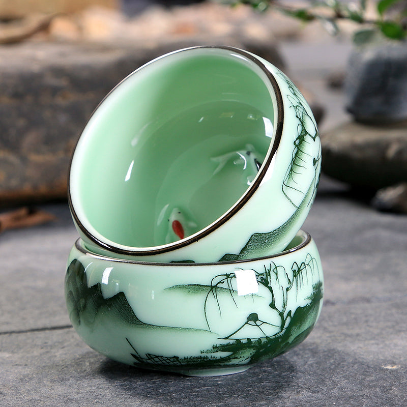 Longquan Celadon Kungfu Tea Set Handpainted Underglaze Tea Pot Fish Carved Cups