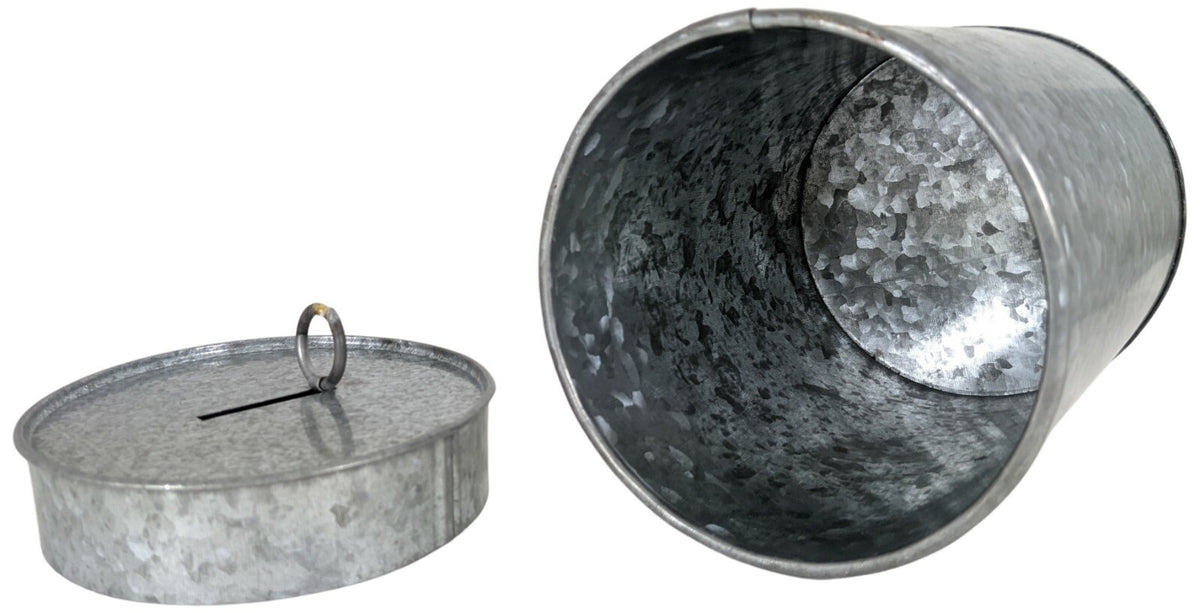 Galvanized Coin Can with Coin Slot and Removable Lid, Silver Farmhouse Piggybank