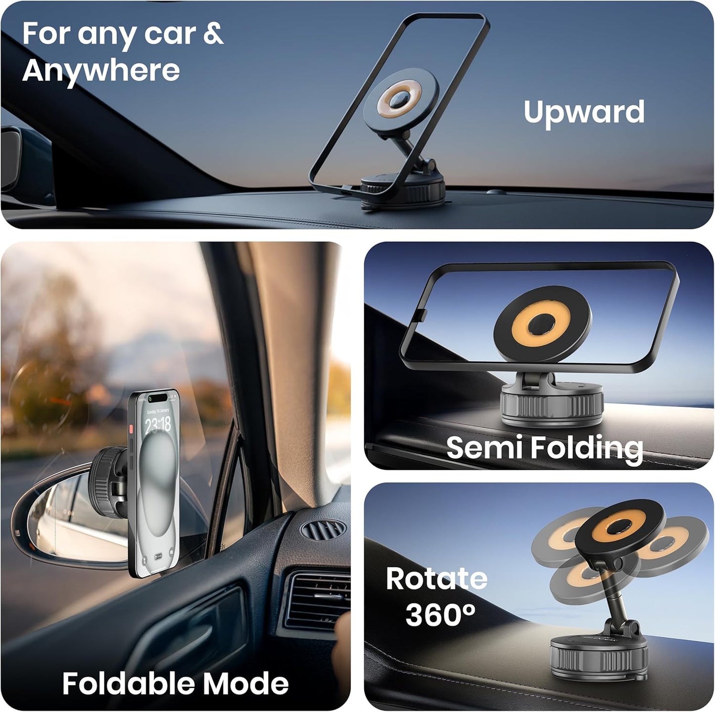 360° Rotating Magnetic Phone Holder | Ultra Strong Vacuum Suction with Adjustabl