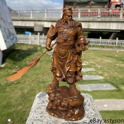 Chinese Natural Boxwood Hand Carved Exquisite Guan Yu Statue