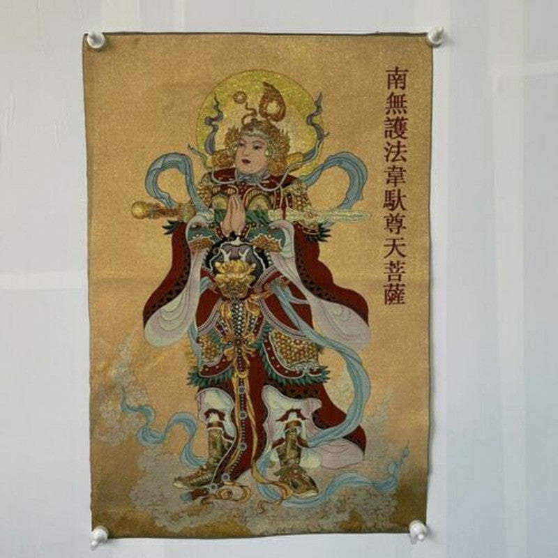 35" Old Chinese Silk Embroidery Painting Thangka Entrance Mural Weituo Buddha