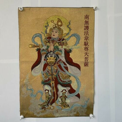 35" Old Chinese Silk Embroidery Painting Thangka Entrance Mural Weituo Buddha
