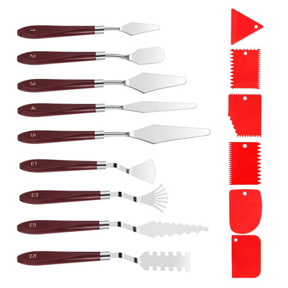 Professional Palette Knives Set 15pcs w/Scrapers Stainless Steel Wood Handle