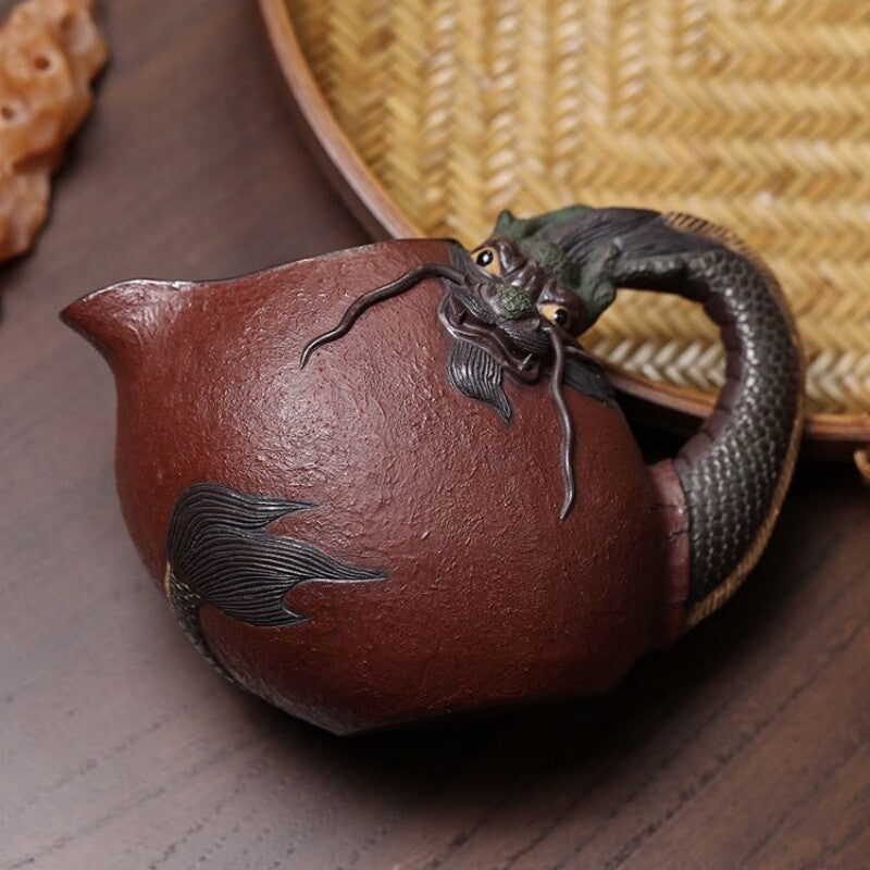 Full Handmade Pitcher With Handle Dragon Carved Fair Cup Real Yixing Zisha Clay