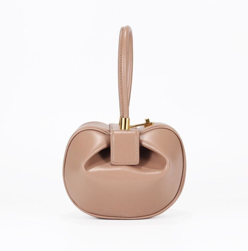 Real Leather Wonton Round Pouch Clutch Purse Top Handle Tote Handbag Grab Bag
