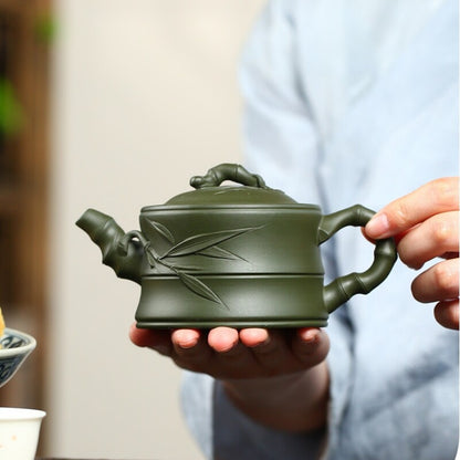 Tea Pot Marked Bamboo Carved Real Yixing Zisha Green Clay Handmade Pot 240ml New