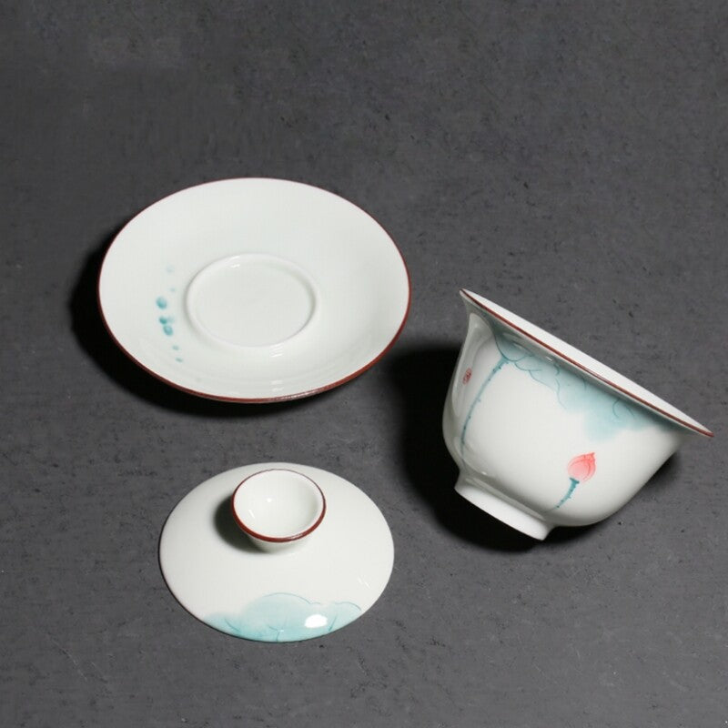 porcelain tea brewer gaiwan handpainted San Cai bowl with saucer 150cc tureen