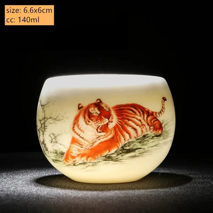 Jade Ceramic Tea Cup Zodiac Tiger Tea Cup Master Cup White Porcelain Tea Set