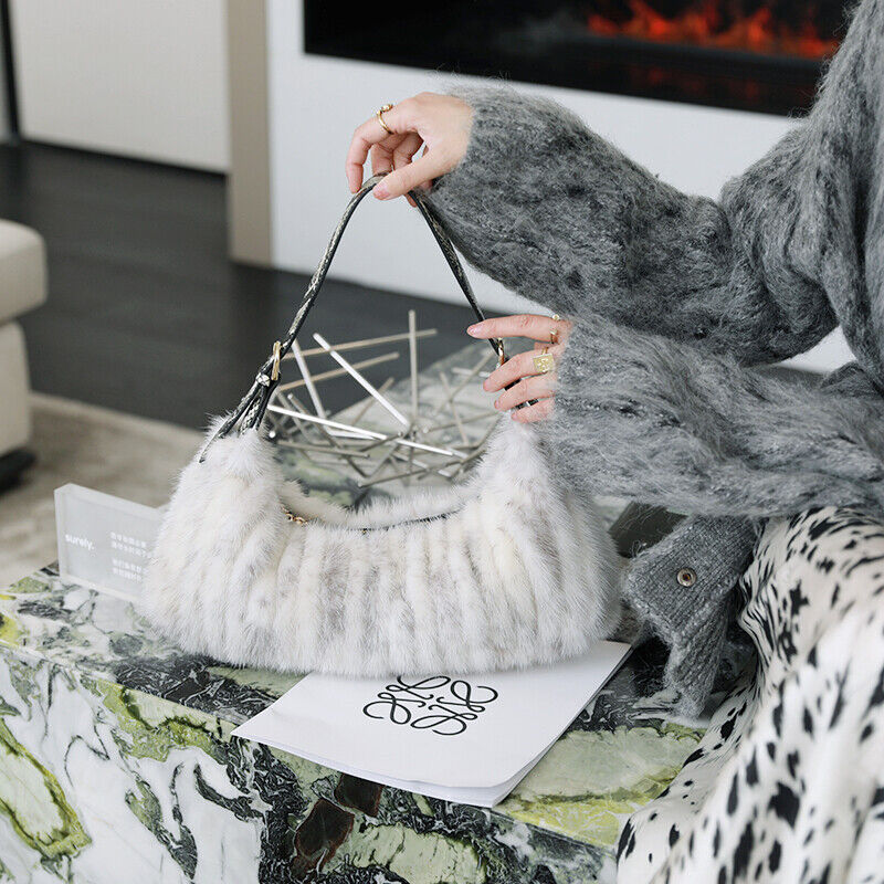 Winter Womens Real Mink Fur Shoulder Bag Luxury Genuine Cowhide Strap Handbag