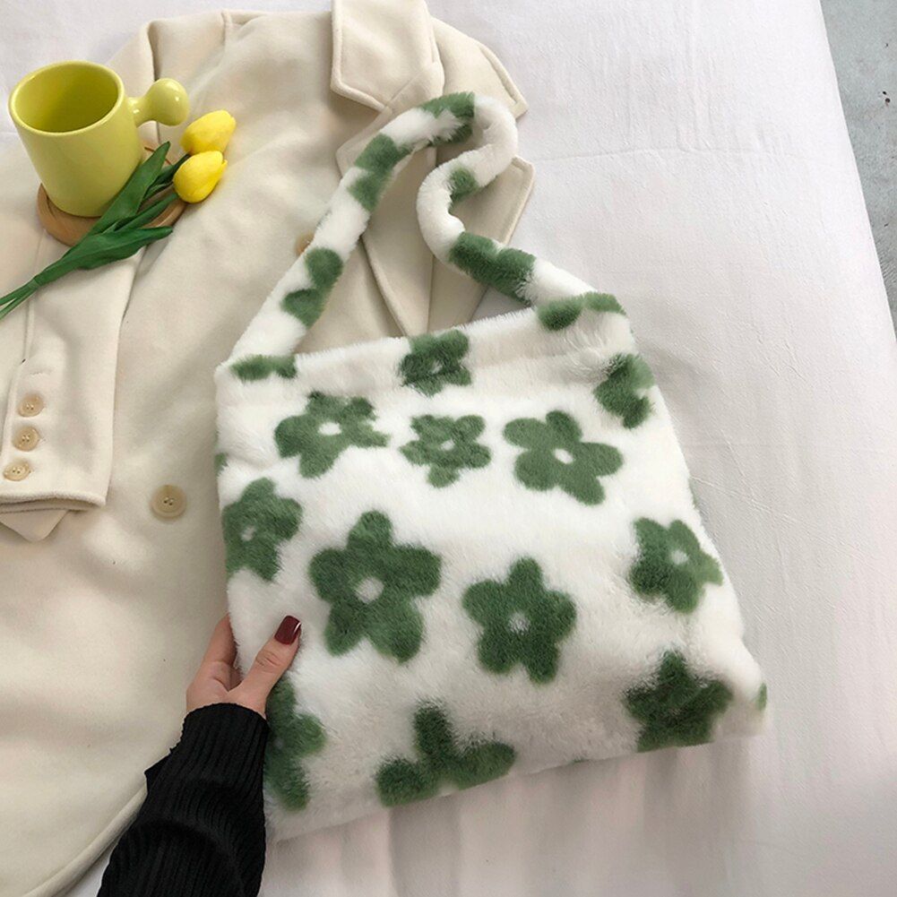 Shopping Bag Flower Print Plush Shoulder Large Handbags Underarm Bags 30*30*2 CM