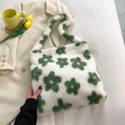 Shopping Bag Flower Print Plush Shoulder Large Handbags Underarm Bags 30*30*2 CM