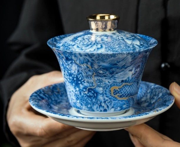 Handmade Tea Set Ceramic Tea Pot Matching Cup Dragon Print Color Enamel Craft