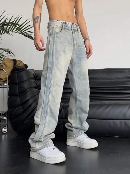 Men’s Baggy Patchwork Jeans Loose Wide Leg Denim